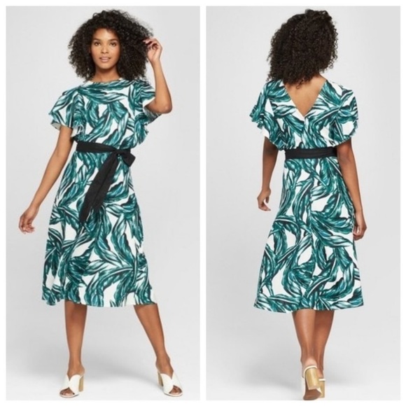 Who What Wear Tropical Palm Print Linen Blend Midi Dress - Picture 1 of 8